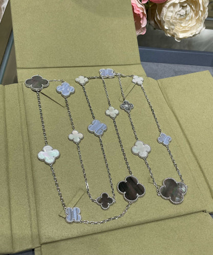 Mystic CLOVER 16 MOTIF CHALCEDONY MOP SILVER NECKLACE