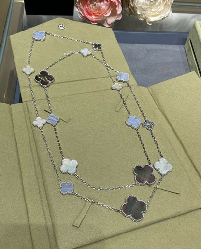 Mystic CLOVER 16 MOTIF CHALCEDONY MOP SILVER NECKLACE