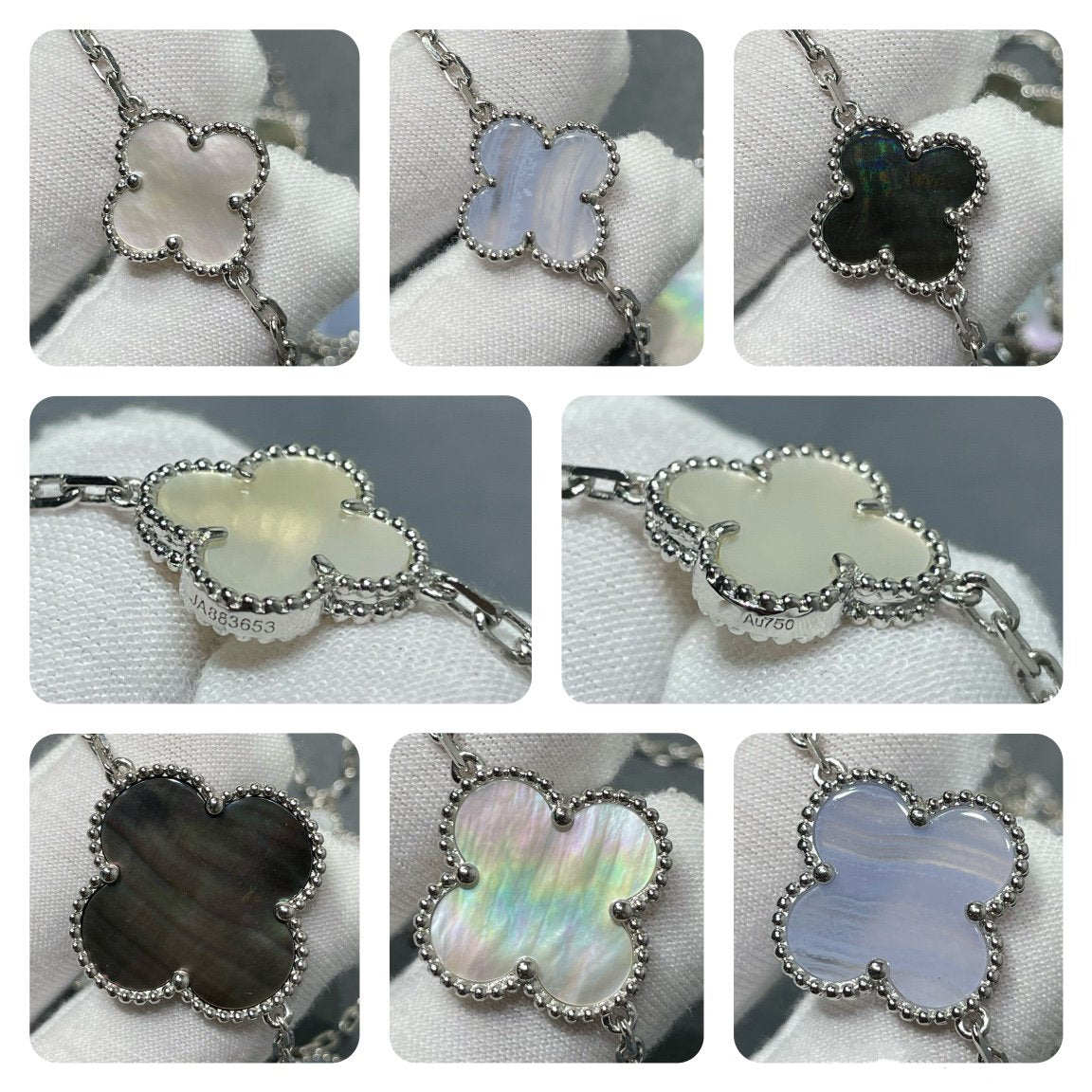 Mystic CLOVER 16 MOTIF CHALCEDONY MOP SILVER NECKLACE