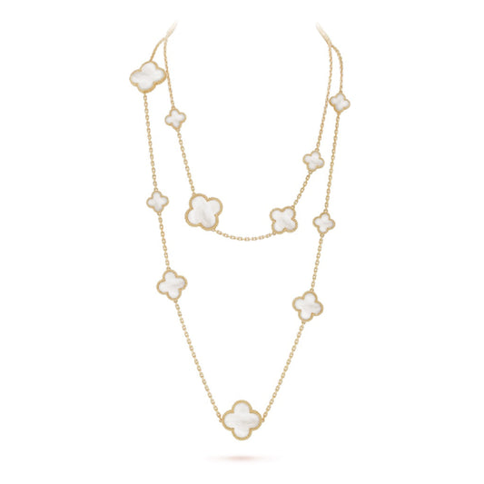 Mystic CLOVER 16 MOTIF WHITE MOP GOLD NECKLACE
