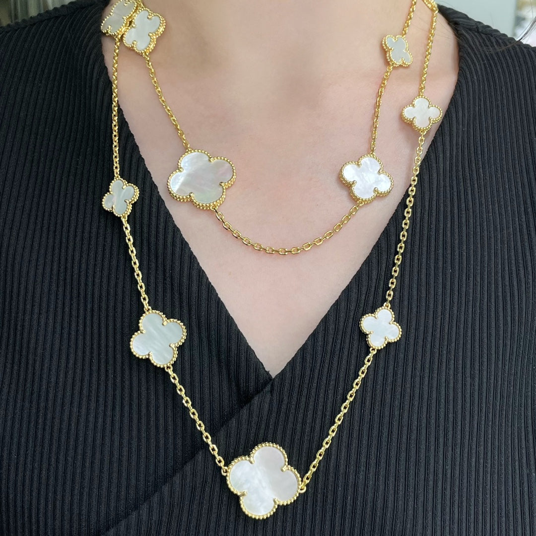 Mystic CLOVER 16 MOTIF WHITE MOP GOLD NECKLACE