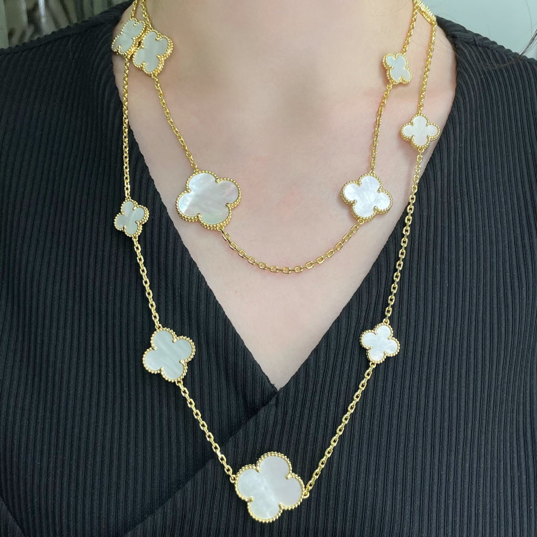 Mystic CLOVER 16 MOTIF WHITE MOP GOLD NECKLACE