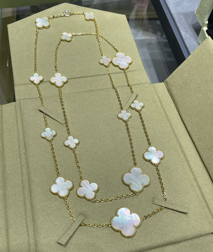 Mystic CLOVER 16 MOTIF WHITE MOP GOLD NECKLACE
