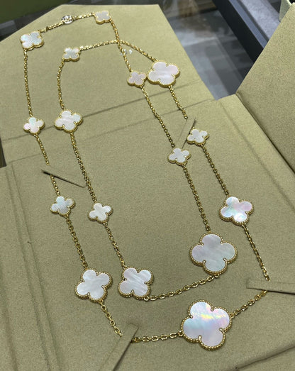 Mystic CLOVER 16 MOTIF WHITE MOP GOLD NECKLACE