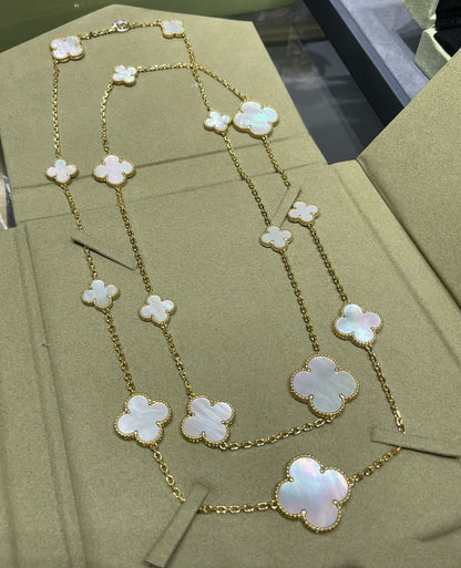 Mystic CLOVER 16 MOTIF WHITE MOP GOLD NECKLACE