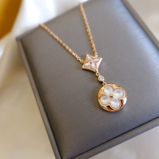 Mystic STAR AND SUN WHITE MOP 2 MOTIF PINK GOLD NECKLACE