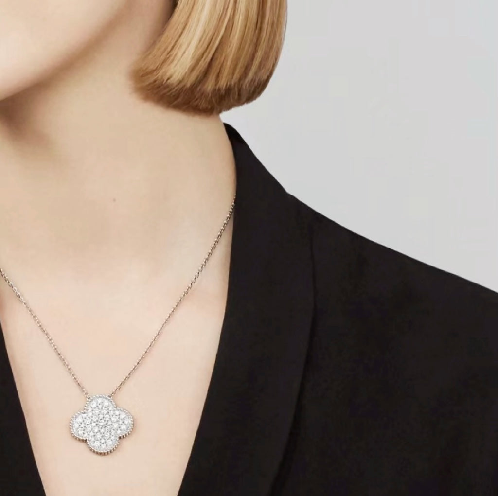 Mystic CLOVER 25MM LARGE PENDANT DIAMOND PAVED SILVER NECKLACE