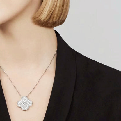 Mystic CLOVER 25MM LARGE PENDANT DIAMOND PAVED SILVER NECKLACE