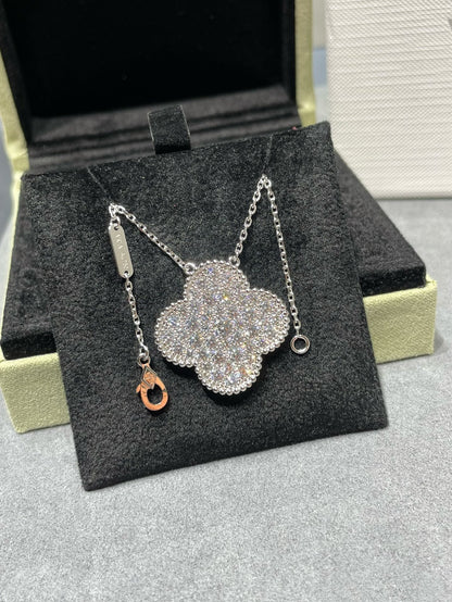 Mystic CLOVER 25MM LARGE PENDANT DIAMOND PAVED SILVER NECKLACE