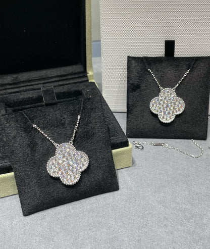 Mystic CLOVER 25MM LARGE PENDANT DIAMOND PAVED SILVER NECKLACE