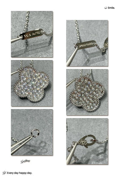 Mystic CLOVER 25MM LARGE PENDANT DIAMOND PAVED SILVER NECKLACE