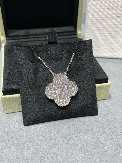 Mystic CLOVER 25MM LARGE PENDANT DIAMOND PAVED SILVER NECKLACE
