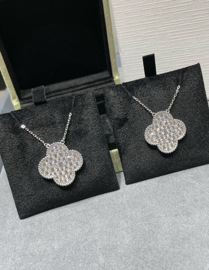 Mystic CLOVER 25MM LARGE PENDANT DIAMOND PAVED SILVER NECKLACE