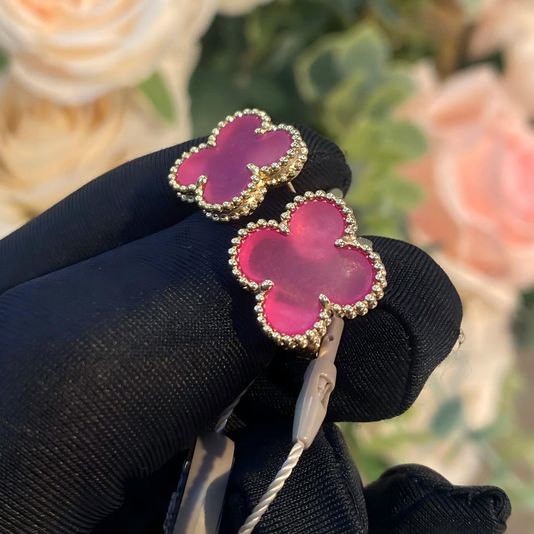[Mystic]NEW CLOVER 15MM PINK ENAMEL STUD EARRINGS