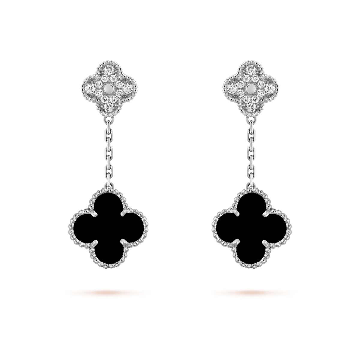 Mystic CLOVER 2 MOTIFS  DIAMOND ONYX EARRINGS SILVER