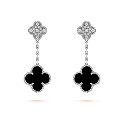 Mystic CLOVER 2 MOTIFS  DIAMOND ONYX EARRINGS SILVER
