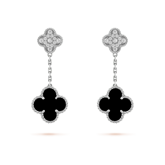 Mystic CLOVER 2 MOTIFS  DIAMOND ONYX EARRINGS SILVER