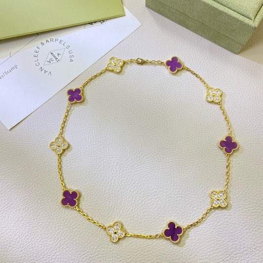 Mystic CLOVER 10 MOTIFS  PURPLE VIOLET DIAMOND NECKLACE