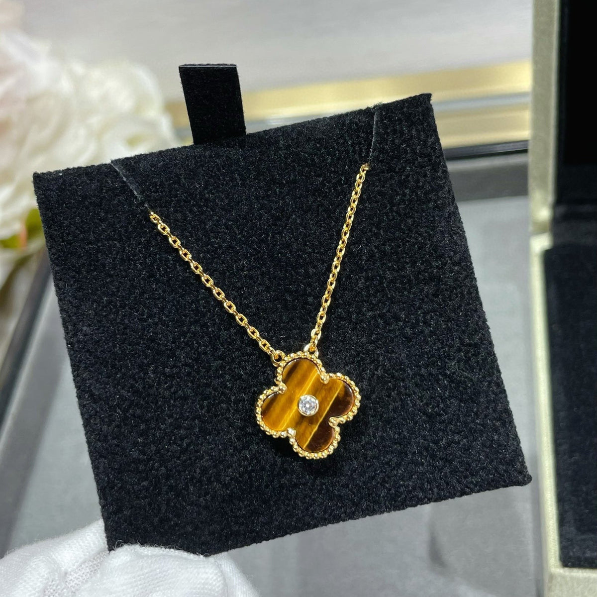 Mystic CLOVER 15MM DIAMOND AND YELLOW TIGER'S EYE AGATE necklace