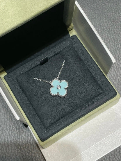 Mystic CLOVER 1 DIAMOND LIGHT BLUE SILVER NECKLACE