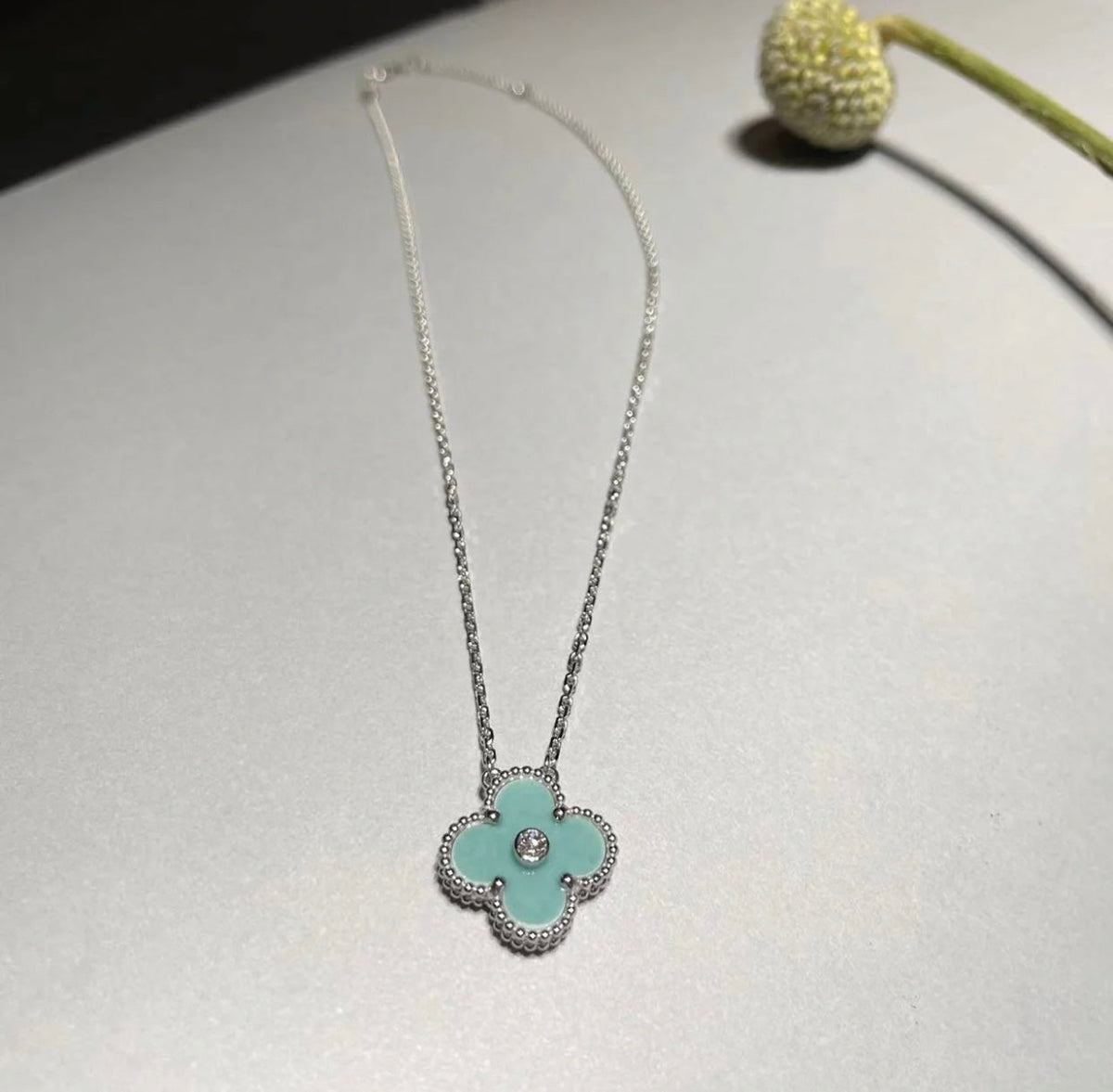 Mystic CLOVER 1 DIAMOND LIGHT BLUE SILVER NECKLACE