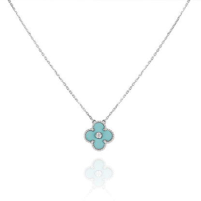 Mystic CLOVER 1 DIAMOND LIGHT BLUE SILVER NECKLACE