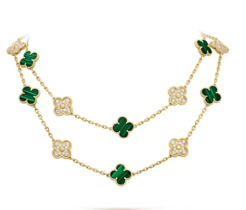 Mystic CLOVER 20 MOTIFS MALACHITE DIAMOND NECKLACE
