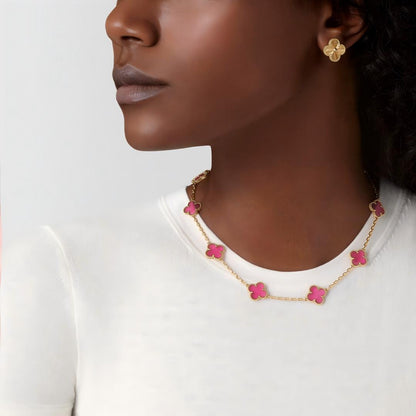 [Mystic]NEW CLOVER 10 MOTIFS PINK ENAMEL NECKLACE