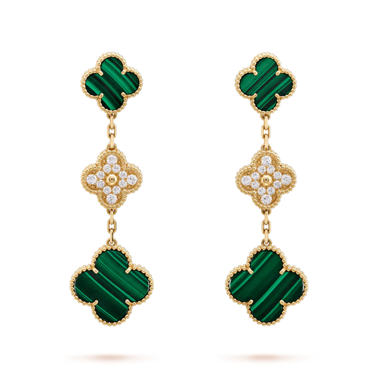 Mystic CLOVER EARRINGS GOLD MALACHITE DIAMOND 3 MOTIF