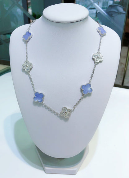 Mystic CLOVER 10 MOTIFS CHALCEDONY DIAMONDS SILVER NECKLACE