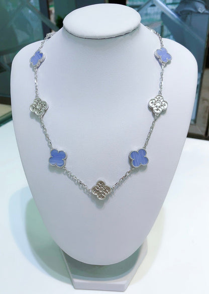 Mystic CLOVER 10 MOTIFS CHALCEDONY DIAMONDS SILVER NECKLACE