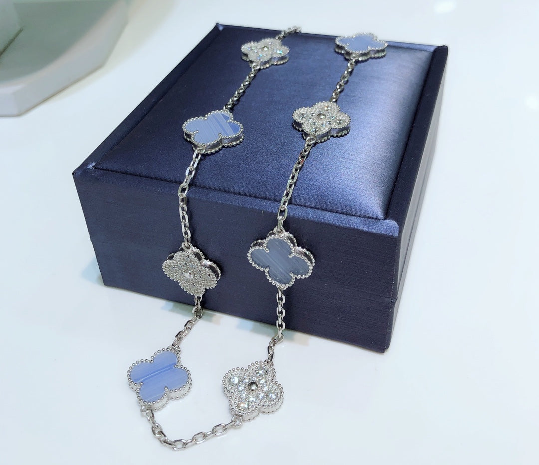 Mystic CLOVER 10 MOTIFS CHALCEDONY DIAMONDS SILVER NECKLACE