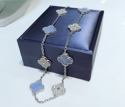Mystic CLOVER 10 MOTIFS CHALCEDONY DIAMONDS SILVER NECKLACE