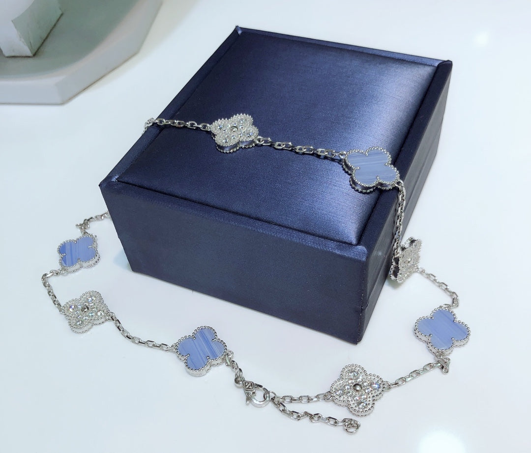Mystic CLOVER 10 MOTIFS CHALCEDONY DIAMONDS SILVER NECKLACE
