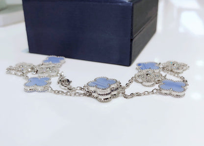 Mystic CLOVER 10 MOTIFS CHALCEDONY DIAMONDS SILVER NECKLACE