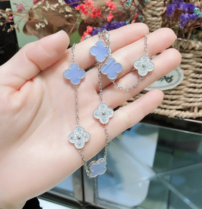 Mystic CLOVER 10 MOTIFS CHALCEDONY DIAMONDS SILVER NECKLACE