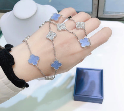 Mystic CLOVER 10 MOTIFS CHALCEDONY DIAMONDS SILVER NECKLACE