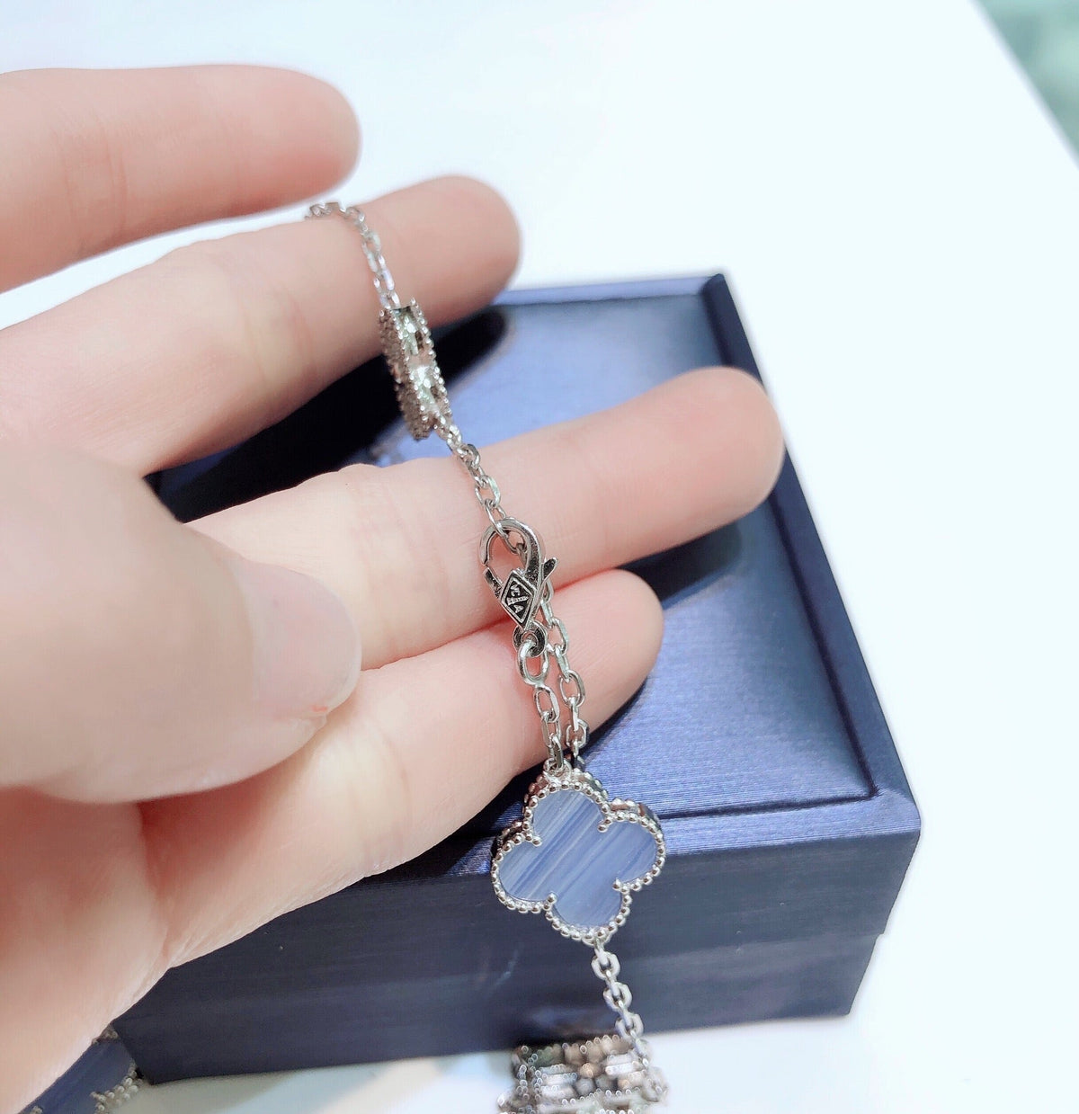 Mystic CLOVER 10 MOTIFS CHALCEDONY DIAMONDS SILVER NECKLACE